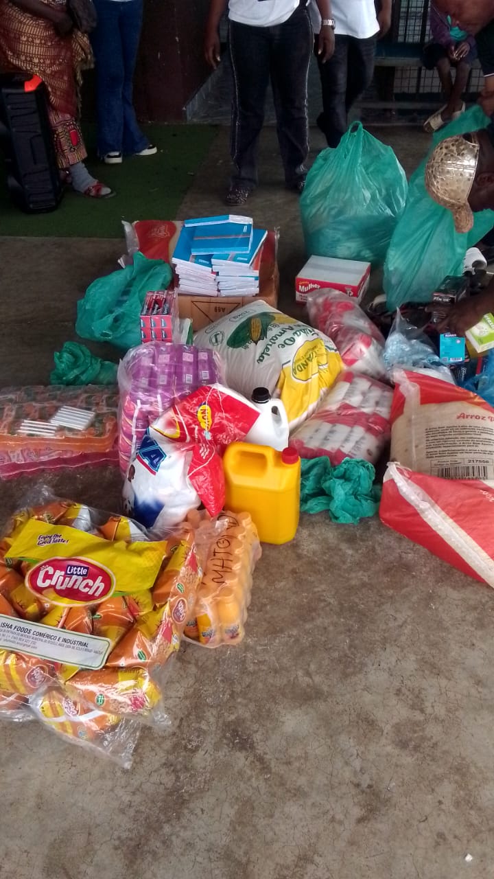 Bags of rice, cooking oil, eggs, notebooks and household staples prepared for families